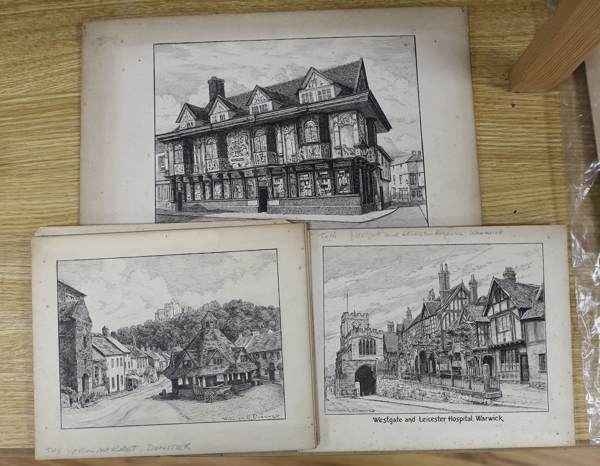 William E. Barnard, eight pen and ink drawings, Views of English towns - Clovelly, Evesham, Ipswich, Warwick, Chichester, Arundel, Canterbury and Dunster, signed, largest 19 x 26cm, unframed